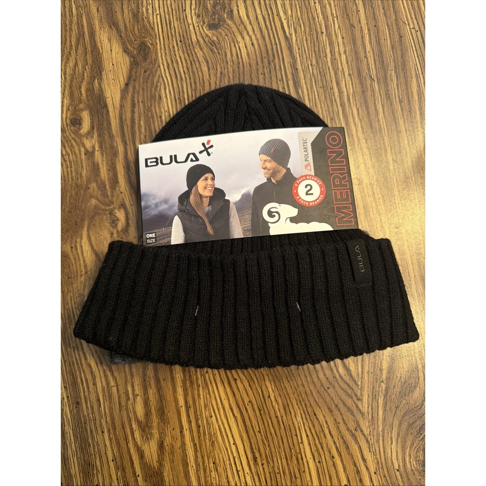 BULA Merino Wool Ridge Cuff Fleece Lined Beanie Winter Hat, 2 Pack Medium Black